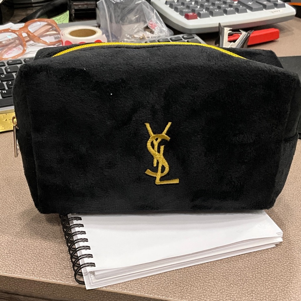 Yves Saint Laurent Black Suede Toiletry Bag with Yellow Accents